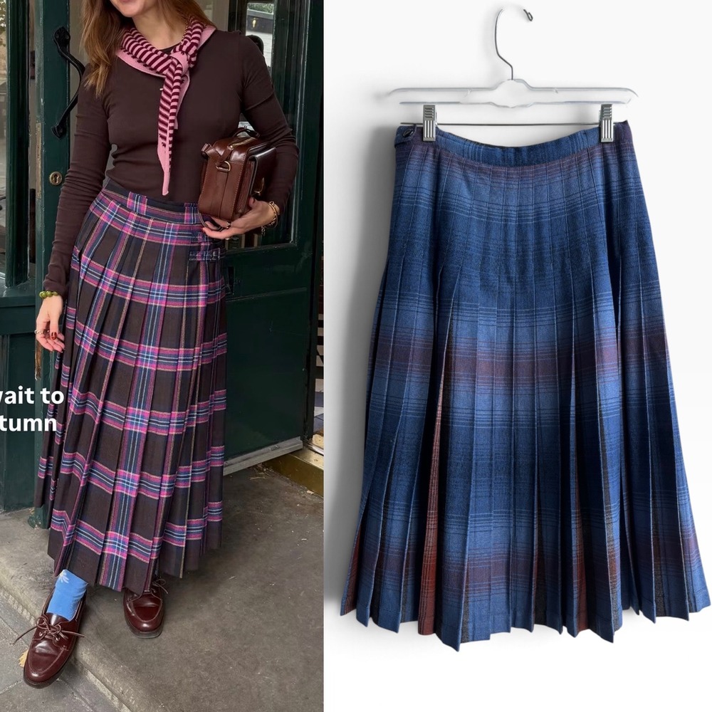 Sportrite Reversible Plaid Skirt Women 12 Blue Grey Good Vintage Pleated Midi